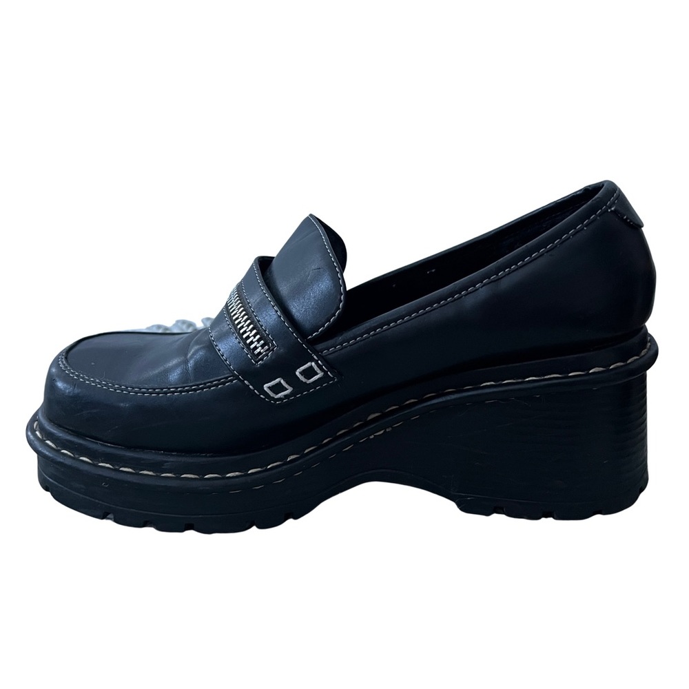 Vintage 90s Y2K Black Chunky Lug Sole Square Toe Platform Loafers Size 7.5